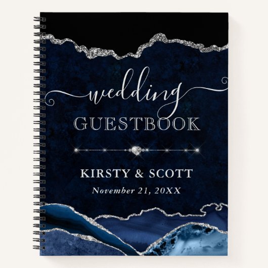 Blue & Silver Glitter Agate Wedding Guest Book ノートブック (正面)