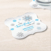 Blue Silver Glittery Snowflake Winter Baby Shower  ペーパーコースター (アングル)
