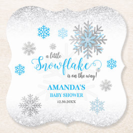 Blue Silver Glittery Snowflake Winter Baby Shower  ペーパーコースター