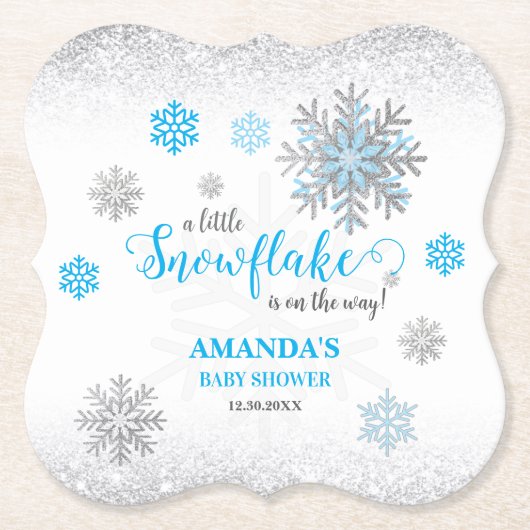 Blue Silver Glittery Snowflake Winter Baby Shower  ペーパーコースター (正面)