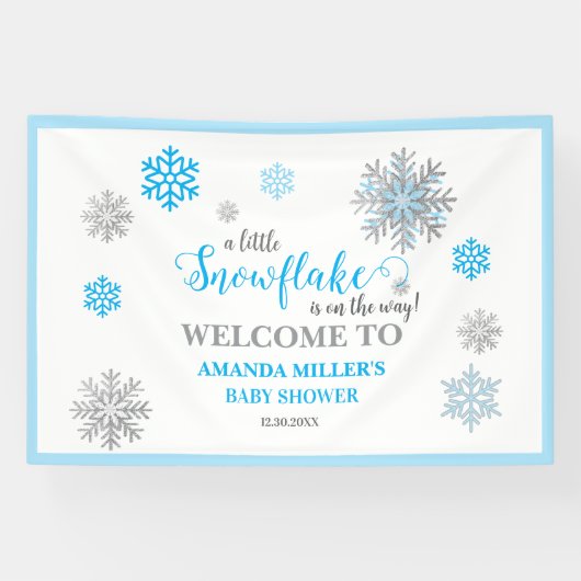 Blue Silver Glittery Snowflake Winter Baby Shower  横断幕 (横)