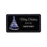 Blue & Silver Ribbon & Sparkles Christmas Tree Lab ラベル<br><div class="desc">これらのフェスティバルメリークリスマスリボンツリーの長方形のシールは、贈り物や封筒に着るのに理想的であり、美しい青と銀のリボンと星とスパークルスクリスマスツリーを備え、スノーフレークの背景と青いフレーム。文字、背景、およびフレームの色は、独自の要件に合わせて変更できる。グラフィックス別： DigitalCurio</div>