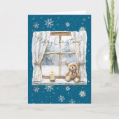 Blue Silver Snowflakes Window Teddy Bear Christmas カード (正面)