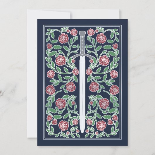 Blue Silver Sword Floral Medieval Fantasy Wedding 招待状 (裏面)