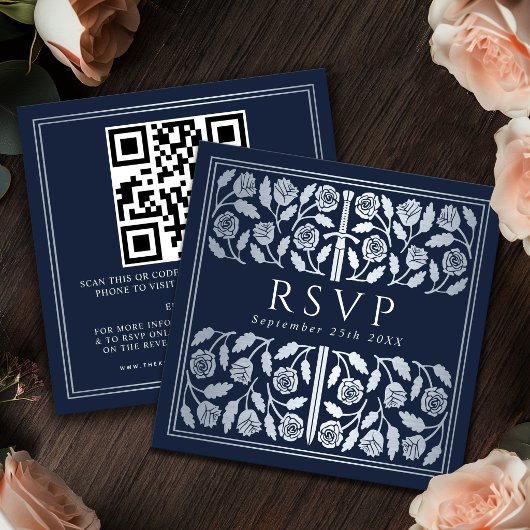 Blue Silver Sword Royal Wedding RSVP QR Code エンクロージャーカード