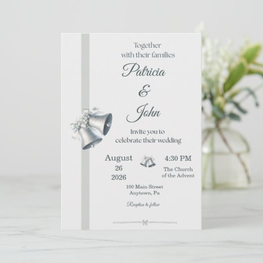 Blue Silver Wedding Bells Wedding Invitation 招待状 (スタンド正面)