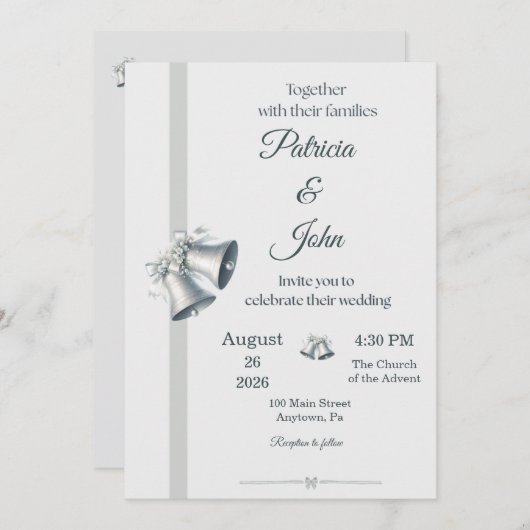 Blue Silver Wedding Bells Wedding Invitation 招待状 (正面/裏面)