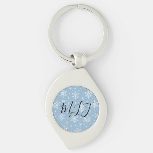 Blue Silver Winter Snowflakes Initial Monogram  キーホルダー (正面)
