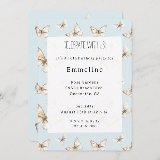 Blue Skies & Butterflies Birthday 招待状 (正面/裏面)