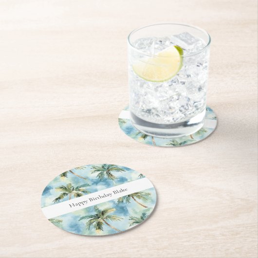 Blue Skies Tropical Island Palm Trees Birthday ラウンドペーパーコースター (インサイチュ)