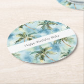 Blue Skies Tropical Island Palm Trees Birthday ラウンドペーパーコースター (アングル)