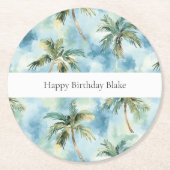 Blue Skies Tropical Island Palm Trees Birthday ラウンドペーパーコースター (正面)