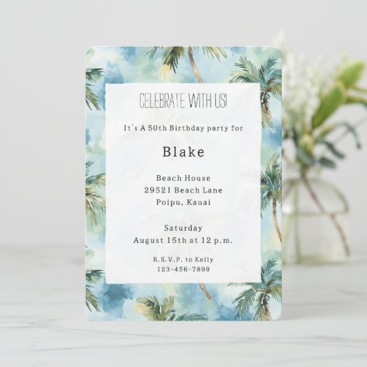 Blue Skies Tropical Island Palm Trees Birthday 招待状 (スタンド正面)