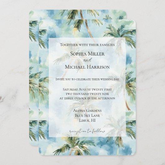 Blue Skies Tropical Island Palm Trees Wedding 招待状 (正面/裏面)