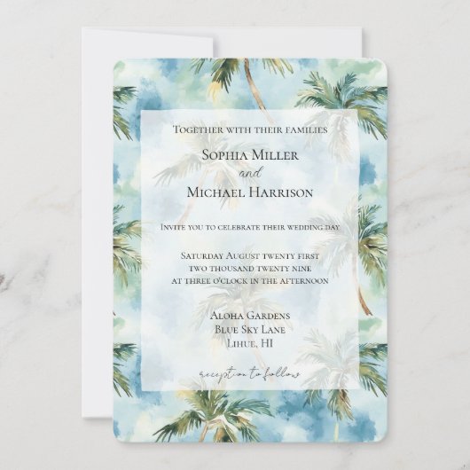 Blue Skies Tropical Island Palm Trees Wedding 招待状 (正面)