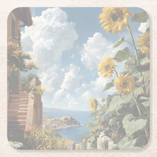 Blue sky and Sunflowers | Acrylic スクエアペーパーコースター (正面)