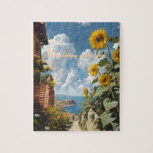 Blue sky and Sunflowers Path to the Sea Art ジグソーパズル (縦)