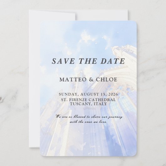 Blue Sky Church Watercolor Save The Date 招待状 (正面)