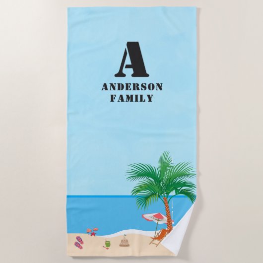 Blue Sky, Initials, Name and Beach Life ビーチタオル (正面)