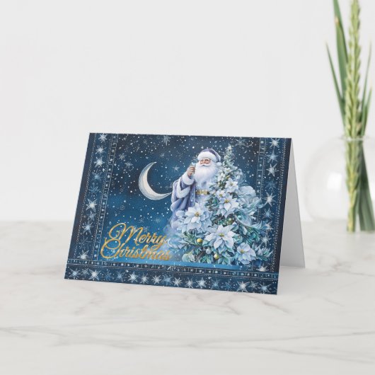 Blue Sky & Moon Cute Santa Merry Christmas Card シーズンカード (正面)