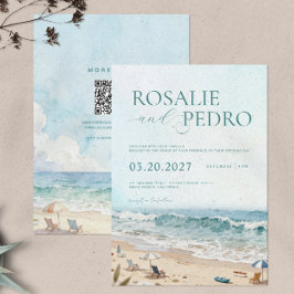 Blue Sky Summer Beach Watercolor QR Code Wedding 招待状