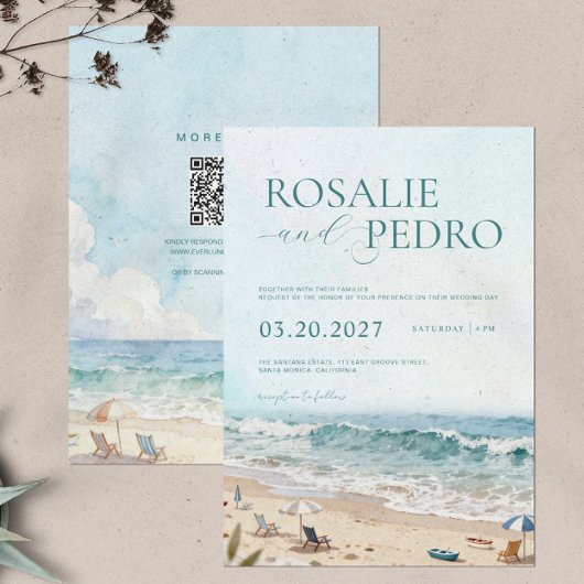 Blue Sky Summer Beach Watercolor QR Code Wedding 招待状