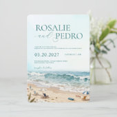 Blue Sky Summer Beach Watercolor QR Code Wedding 招待状 (スタンド正面)