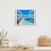 Blue Sky Tranquil Sea View Fake Window ポスター (キッチン)