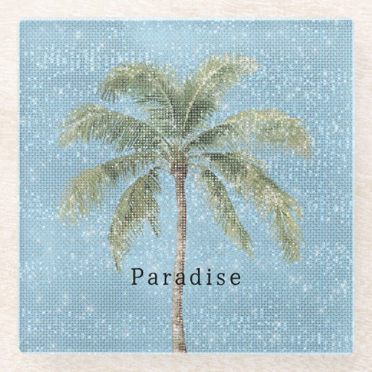 Blue Sky Tropical Palm Tree Sparkle  ガラスコースター (正面)
