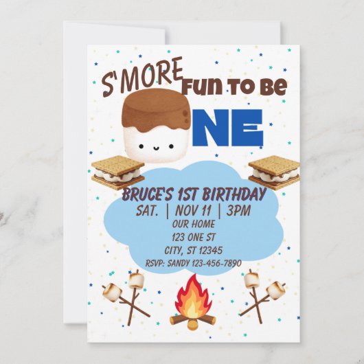 Blue, S'More Fun to be One, 1st Birthday 招待状 (正面)