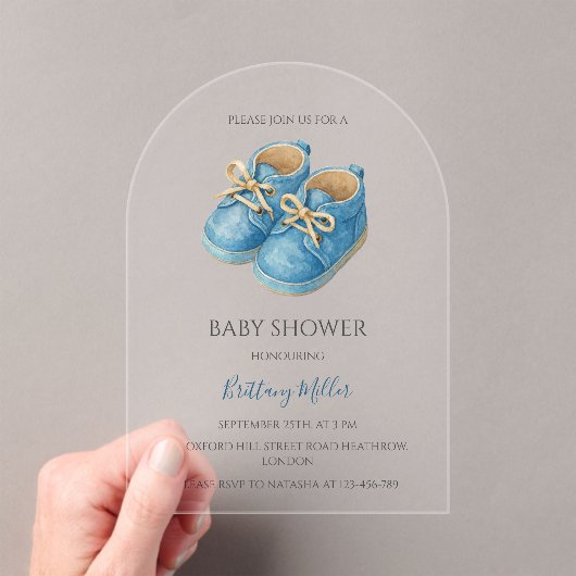 Blue Sneakers Minimalist Baby Shower  アクリル招待状 (インサイチュ (ポータブル))