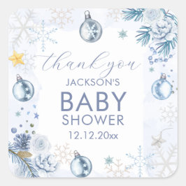Blue Snowflake Flower Winter Baby Shower  スクエアシール
