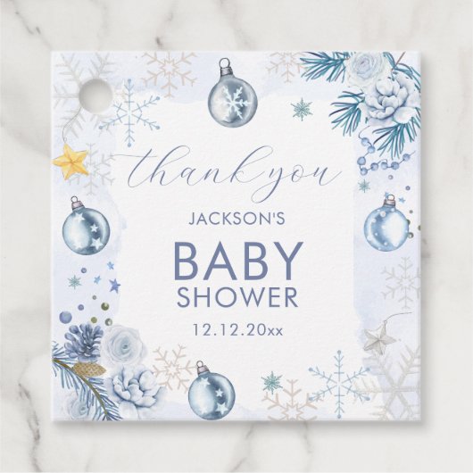 Blue Snowflake Flower Winter Baby Shower  フェイバータグ (正面)