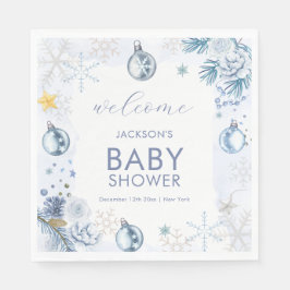 Blue Snowflake Flower Winter Baby Shower Welcome スタンダードランチョンナプキン