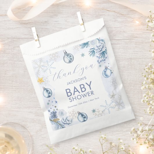 Blue Snowflake Flower Winter Baby Shower Welcome フェイバーバッグ (クリップ留めされた状態)
