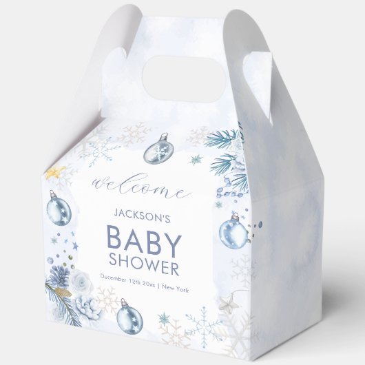 Blue Snowflake Flower Winter Baby Shower Welcome フェイバーボックス (正面)