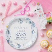 Blue Snowflake Flower Winter Baby Shower Welcome ペーパープレート (パーティー)