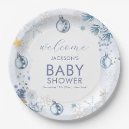 Blue Snowflake Flower Winter Baby Shower Welcome ペーパープレート