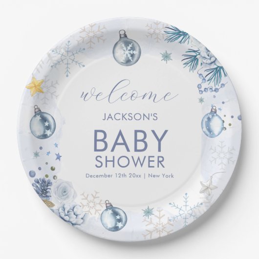 Blue Snowflake Flower Winter Baby Shower Welcome ペーパープレート (正面)