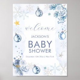 Blue Snowflake Flower Winter Baby Shower Welcome ポスター