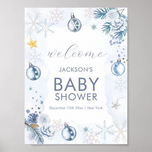 Blue Snowflake Flower Winter Baby Shower Welcome ポスター (正面)