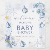 Blue Snowflake Flower Winter Baby Shower Welcome ワインラベル (シングルラベル)