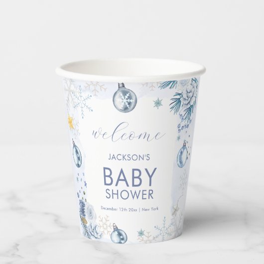 Blue Snowflake Flower Winter Baby Shower Welcome 紙コップ (正面)