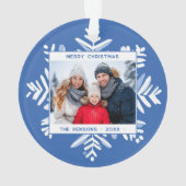 Blue Snowflake Merry Christmas Family Photo オーナメント (裏面)