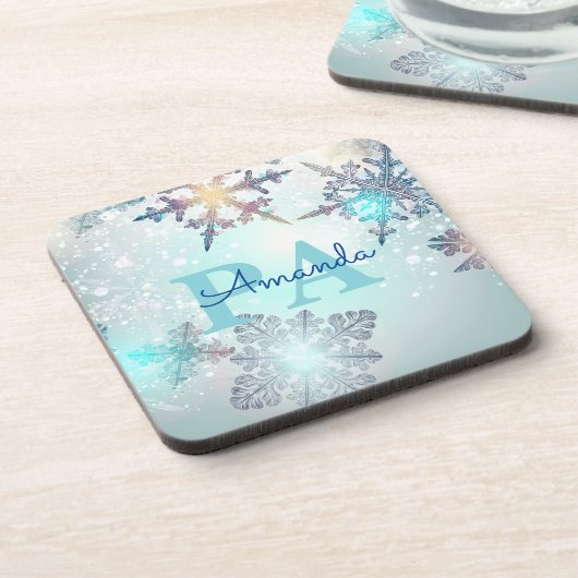 Blue Snowflake Personalized Name PA コースター (左側)