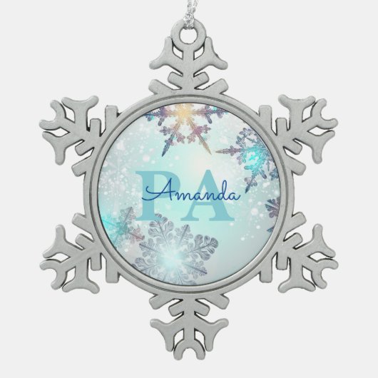 Blue Snowflake Personalized Name PA スノーフレークピューターオーナメント (正面)