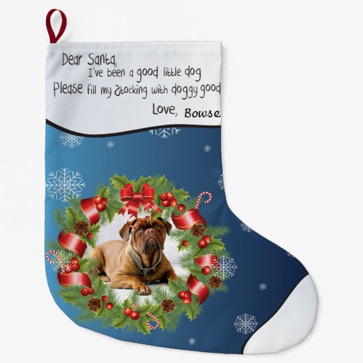Blue Snowflake PHOTO FRAME for Your Dog's Photo ラージクリスマスストッキング (正面)