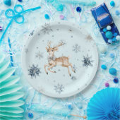 Blue Snowflakes Christmas Deer with Bow ペーパープレート (パーティー)