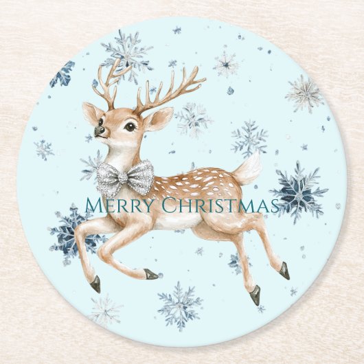 Blue Snowflakes Christmas Deer with Bow ラウンドペーパーコースター (正面)