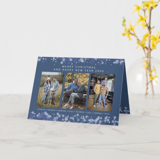 Blue Snowflakes Christmas Modern Collage 3 Photos カード (黄色い花)